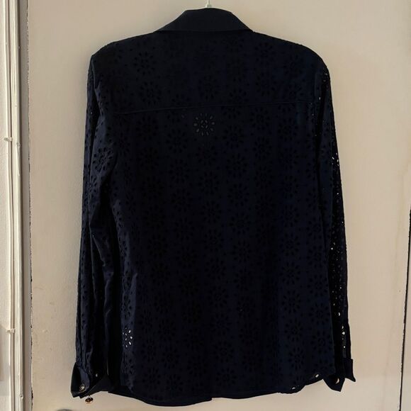 Tory Burch navy blue Liam eyelet sleeve button down top size 10 - Picture 7 of 11